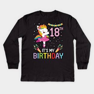 Unicorn Dancing Congratulating 18th Time It's My Birthday 18 Years Old Born In 2003 Kids Long Sleeve T-Shirt